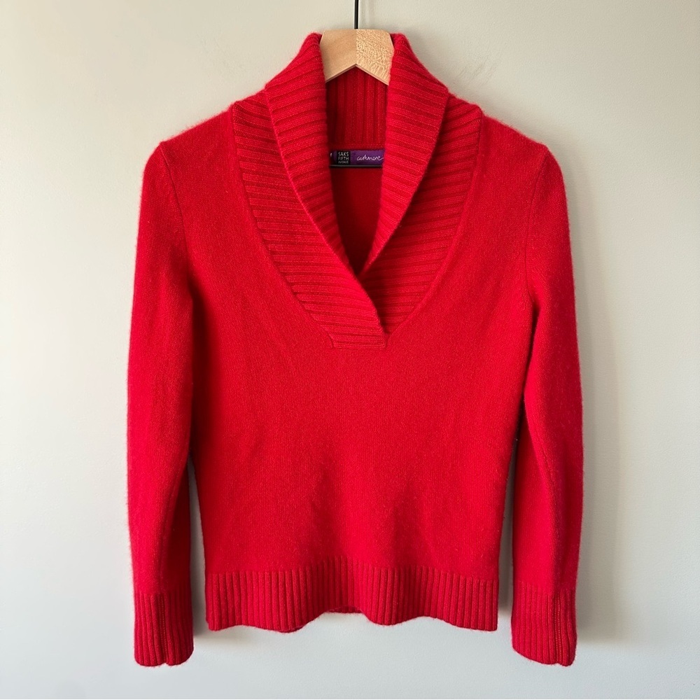 Saks Fifth Avenue Sweater Cashmere Pullover Shawl Collar Neck Women L Large Red